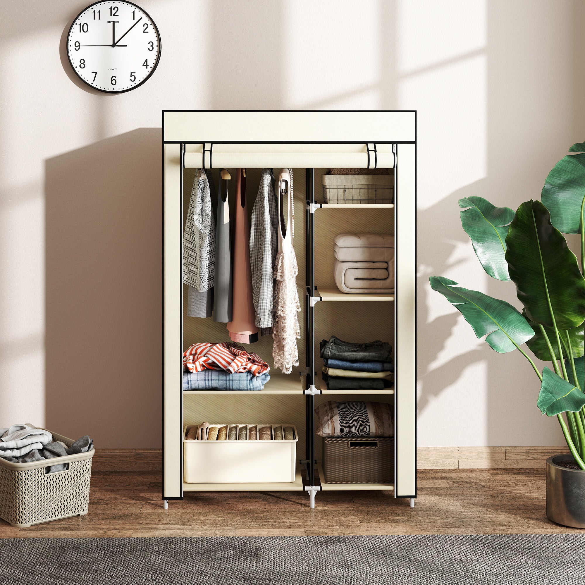 Fabric Wardrobe, Portable Wardrobe with 6 Shelves, 1 Hanging Rail, Foldable Closets, 103 x 43 x 162.5 cm, Cream White