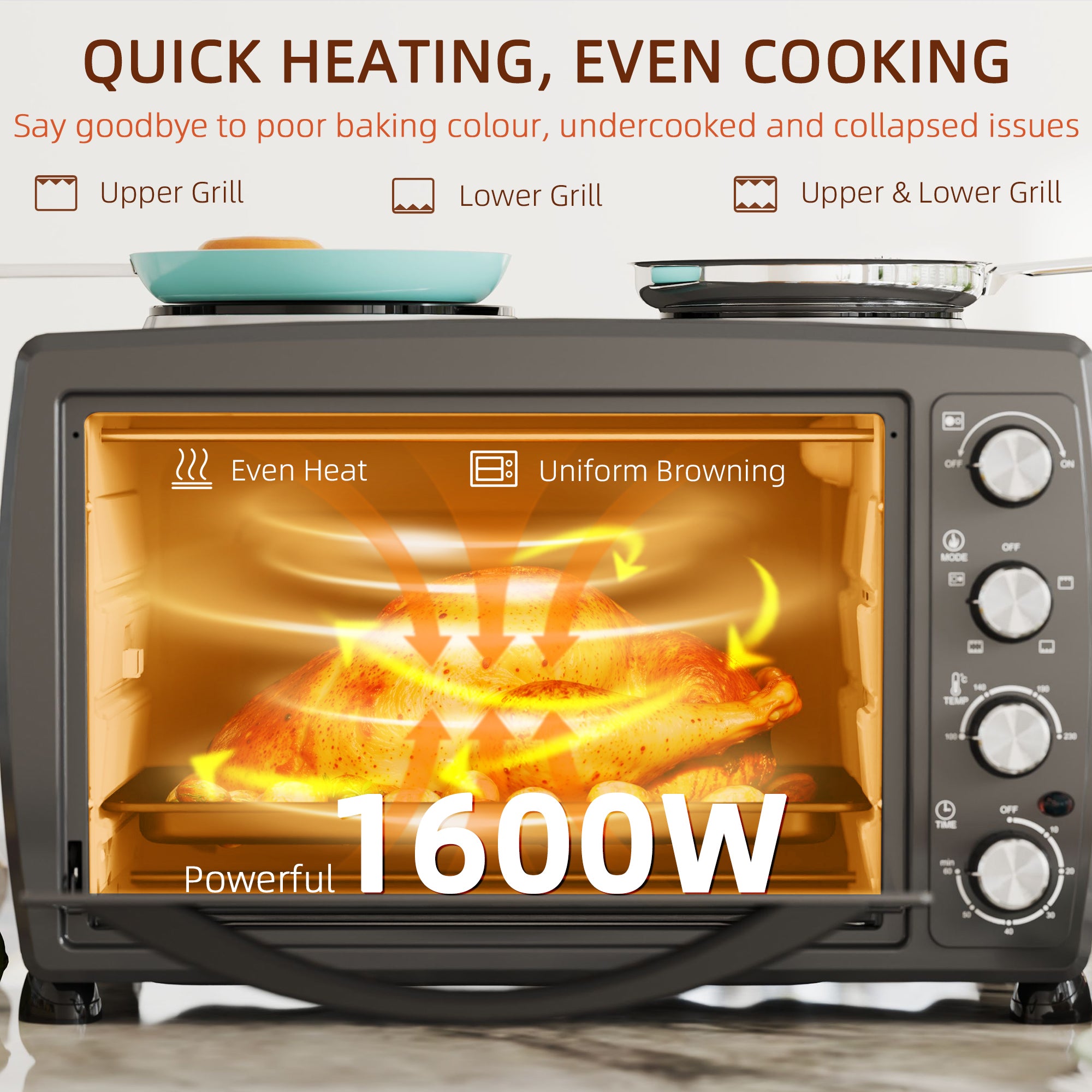 36L Small Oven with 2 Hot Plates, Countertop Toaster Oven, Grill, Roast, Bake, Boil, with Timer, Adjustable Temperature, Electric Oven with Baking Tray, Grill Rack, Crumb Tray, 2600W, Black