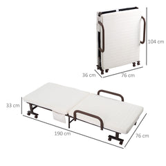 Folding Bed with Mattress, Single Guest Bed, Portable Fold Bed with Adjustable Backrest, Metal Frame on Wheels, White, 190 x 76 cm
