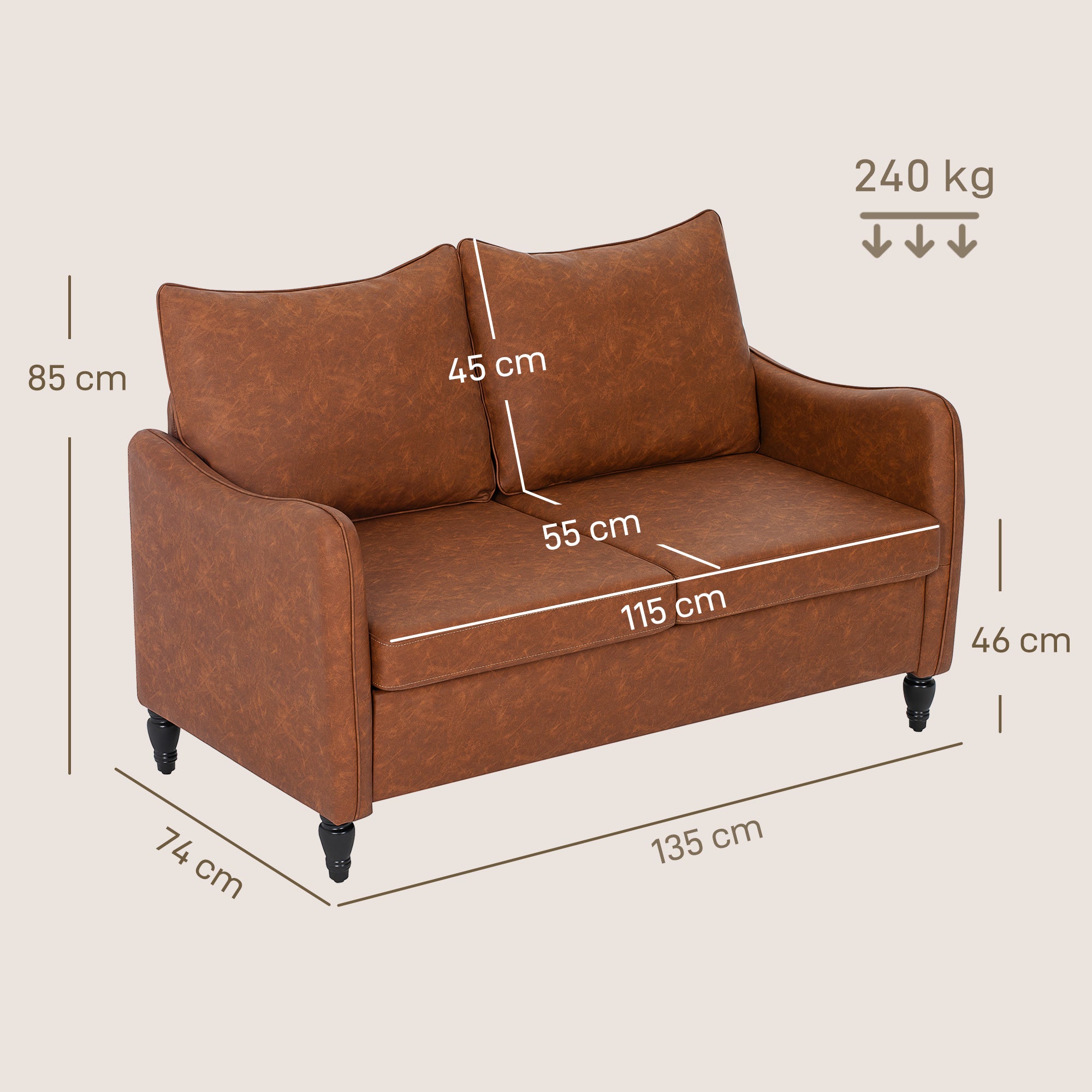 Fynco - Faux Leather Marble-Effect Two-Seater Sofa - Brown