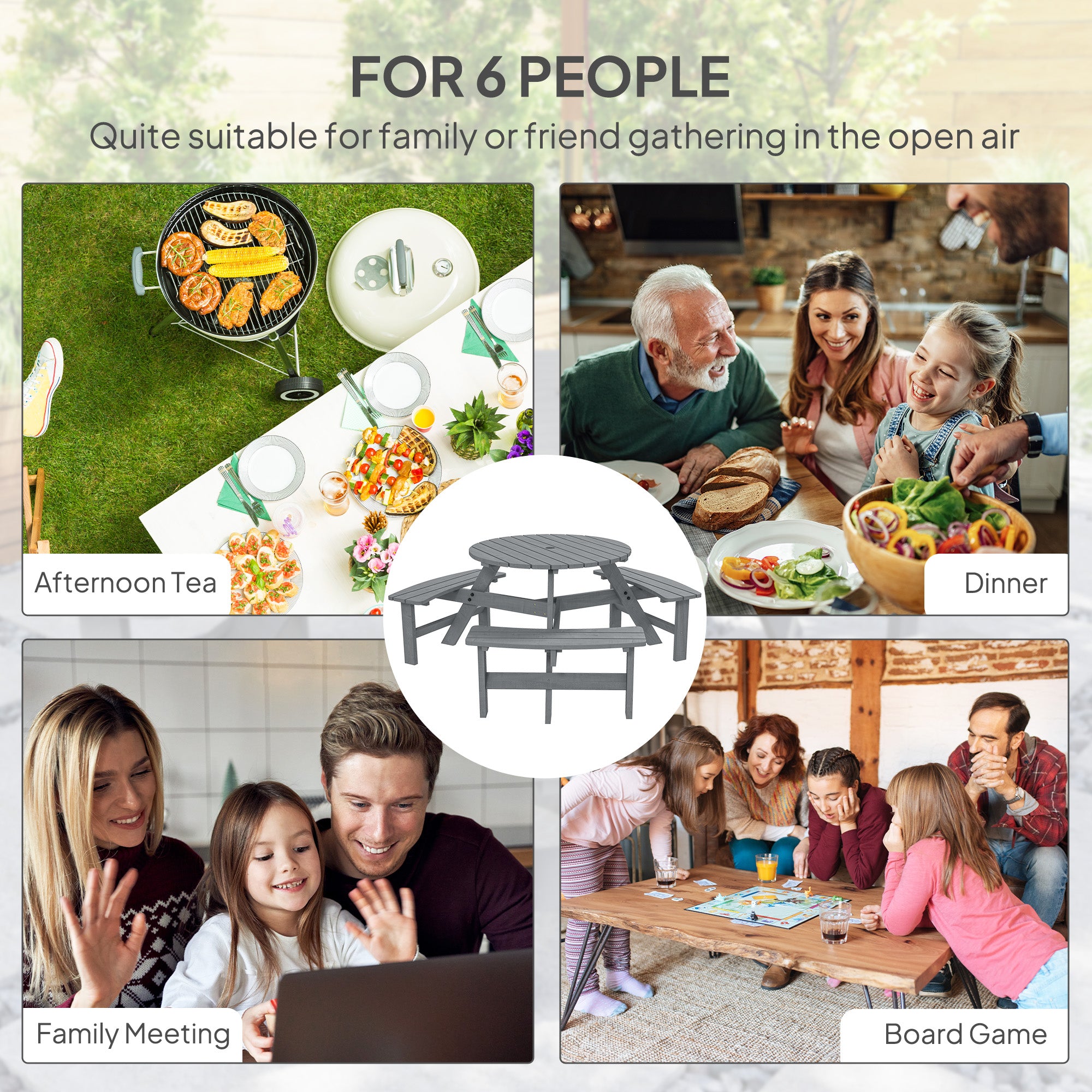 6 Seater Wooden Picnic Table and Garden Benches Set, Round Garden Dining Set with 3 Benches and Umbrella Hole Outdoor Garden Park, Grey