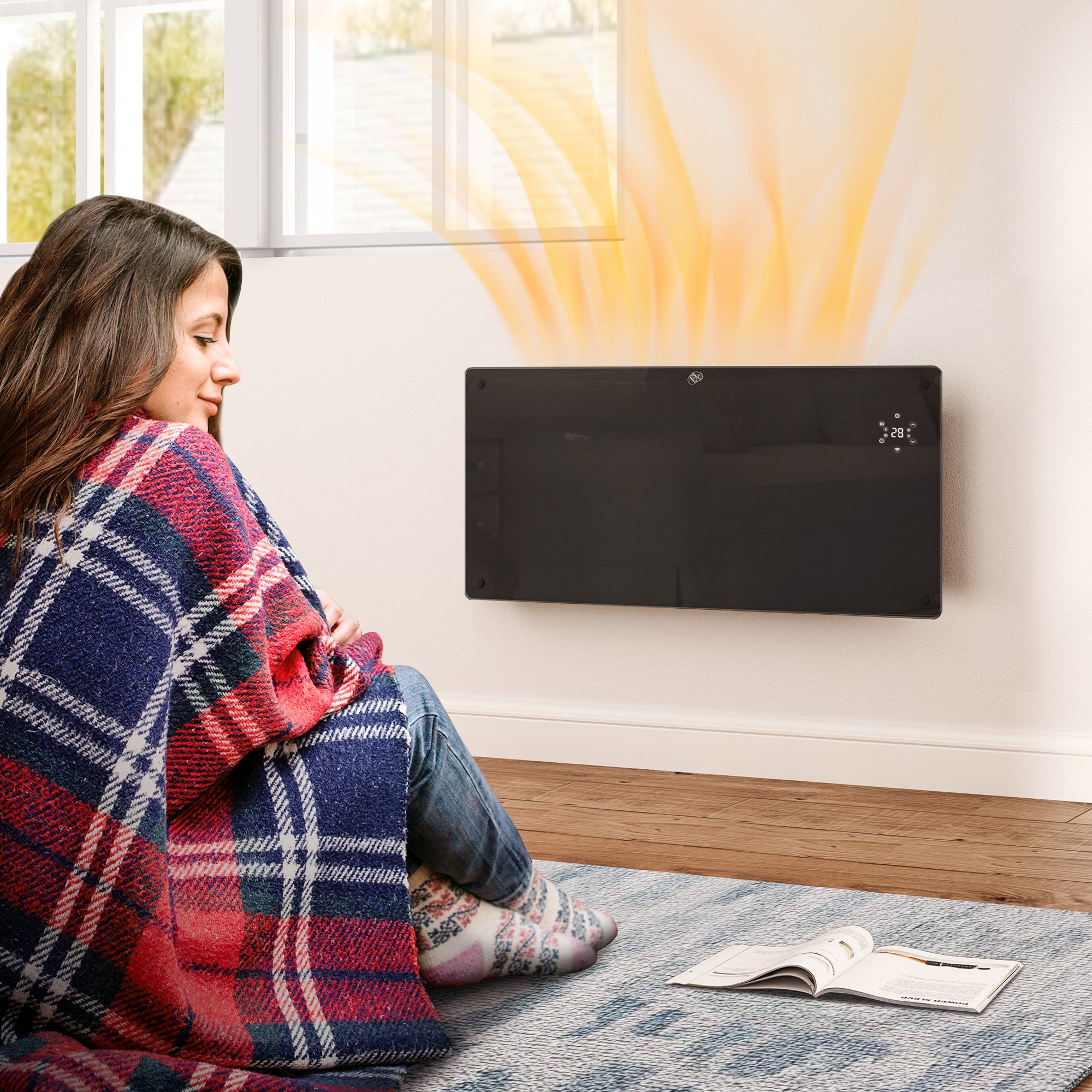 Fynco - Electric Heater Wifi Smart App, 2000W Glass Panel Heater Radiator, Freestanding or Wall Mounted Convector Space Heater with LED Display, 24Hr 7 Day Timer, Adjustable Thermostat, Remote Control