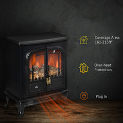 Fynco - Electric Fireplace Stove Heater with LED Fire Flame Effect, Double Door, Freestanding & Portable with Overheat Protection, 1000W/2000W, Black