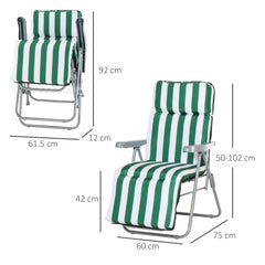 Fynco 2 Pieces Outdoor Sun Lounger Set with Cushions, Patio Folding 5-Level Adjustable Backrest Recliner Chairs Set of 2 with High Backrest and Armrests, Green & White
