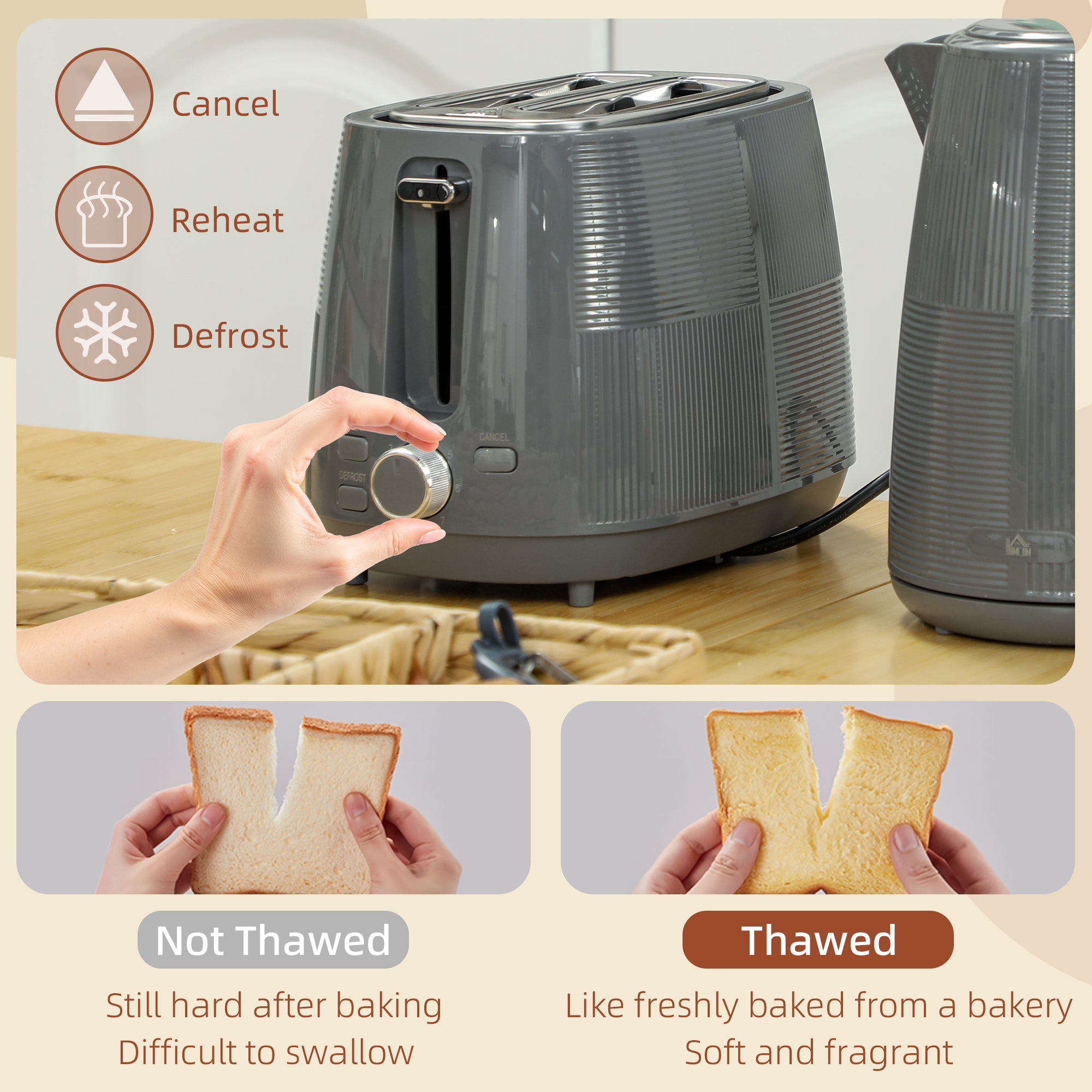 Kettle and Toaster Set, 1.7L 3000W Fast Boil Kettle & 2 Slice Toaster Kitchen Set with 7 Level Browning Controls, Defrost, Reheat, Boil-dry Protection, Grey