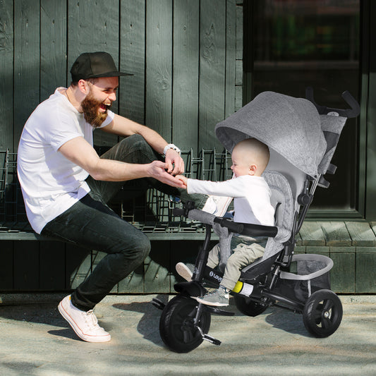 6 in 1 Kids Trike with Parent Handle, Canopy, 5-point Safety Belt, Storage, Footrest, Brake, for 1-5 Years, Grey
