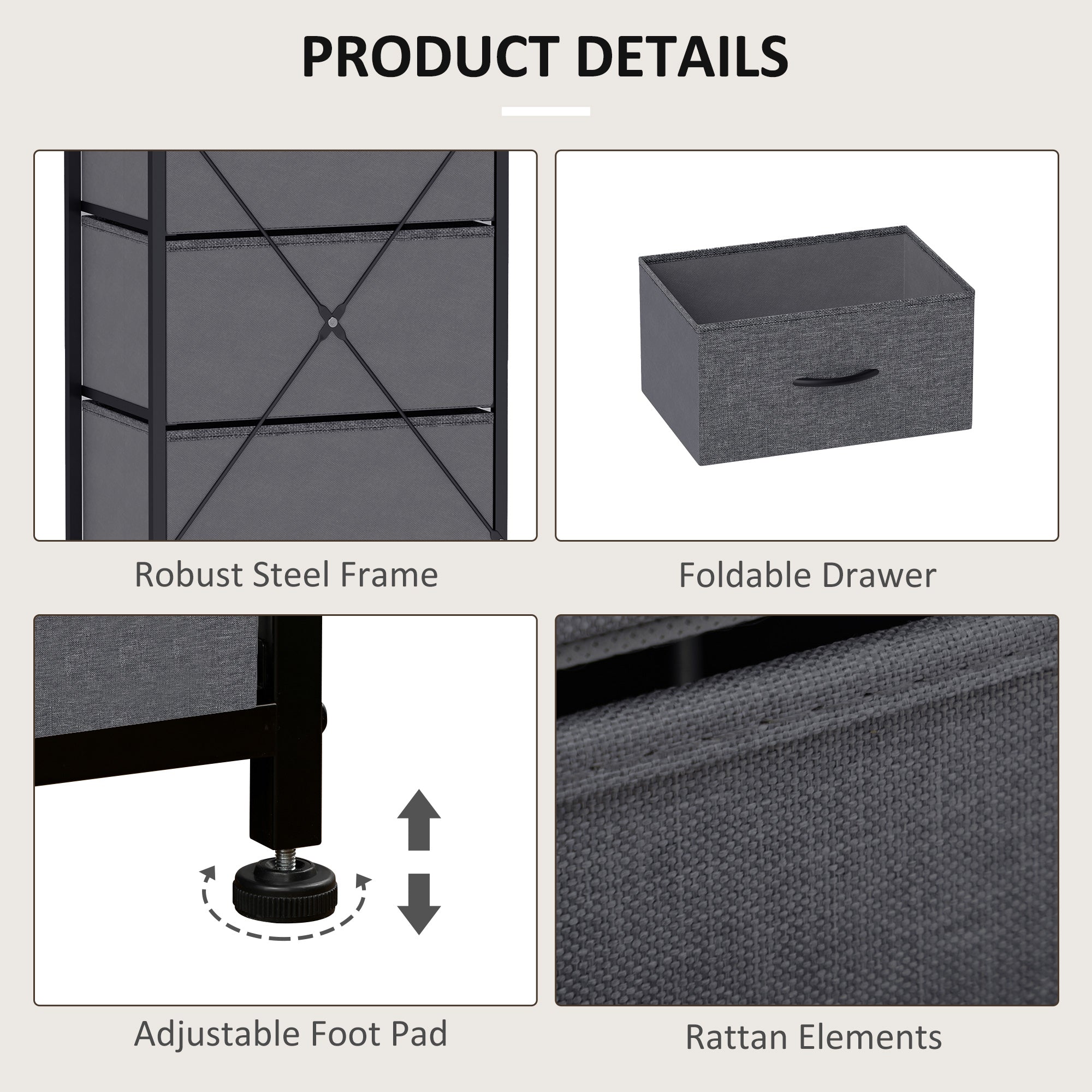 Fabric Chest of Drawers, Industrial Bedroom Dresser with 5 Fabric Drawers, Steel Frame and Wooden Top for Nursery, Living Room, Hallway, Dark Grey