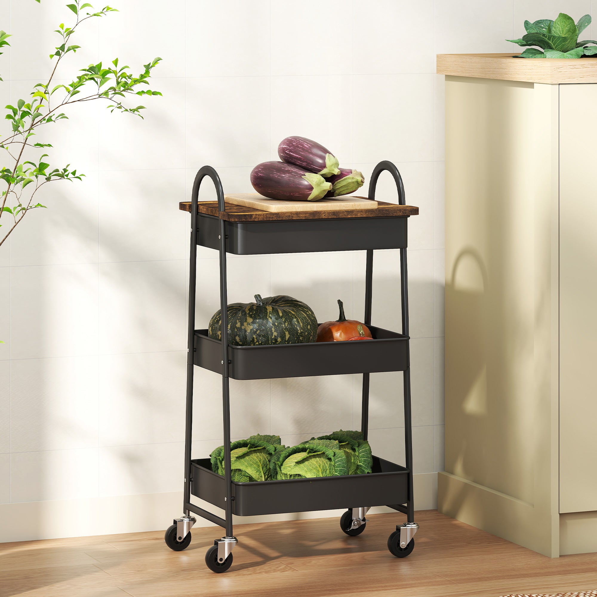 Fynco - 3-Tier Kitchen Storage Trolley with on Wheels Cover Top Board - Rustic Brown and Black