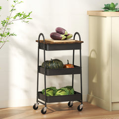 Fynco - 3-Tier Kitchen Storage Trolley with on Wheels Cover Top Board - Rustic Brown and Black