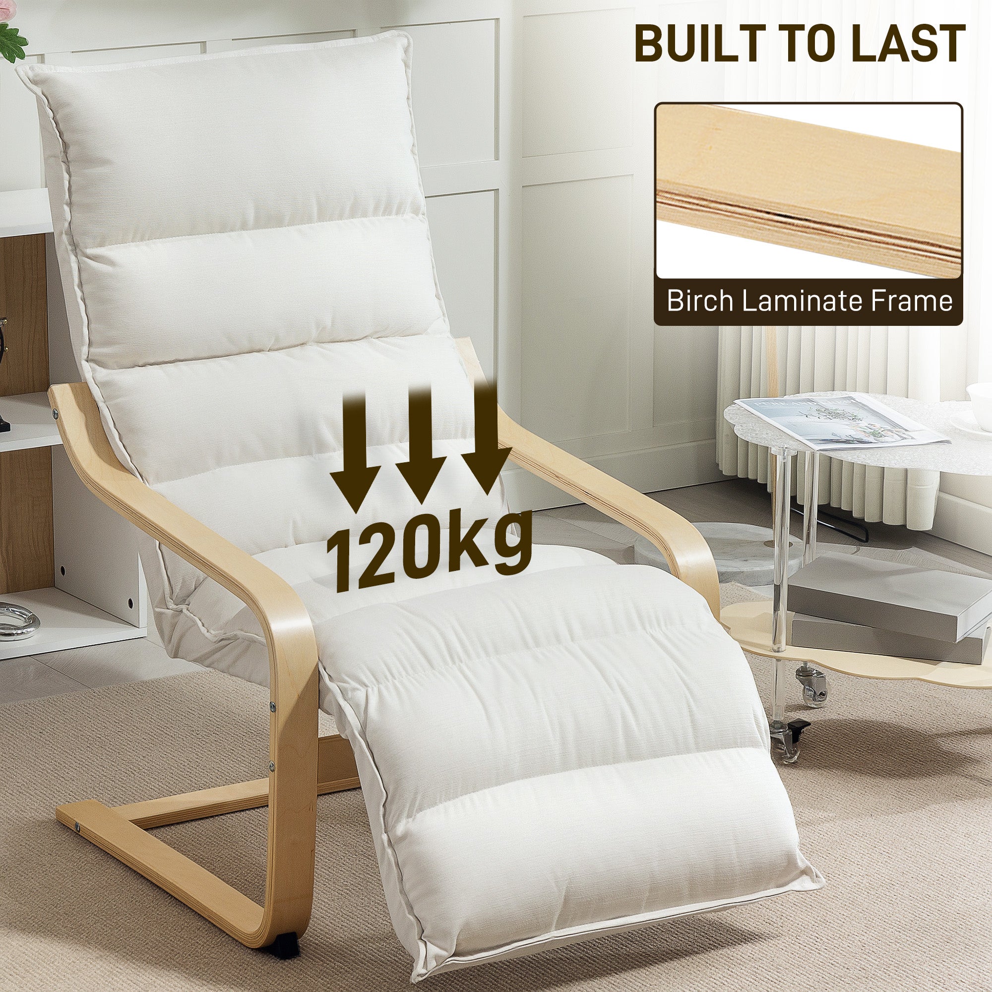Curved Wooden Accent Chair, with Adjustable Footrest - Cream White