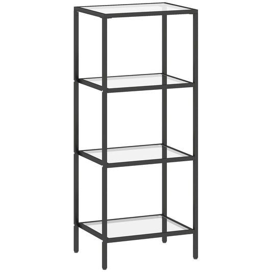 Fynco - 4-Tier Shelving Unit, Glass Shelf, Vertical Storage Shelf for Living Room, Home Office, Bedroom, Bathroom, Black