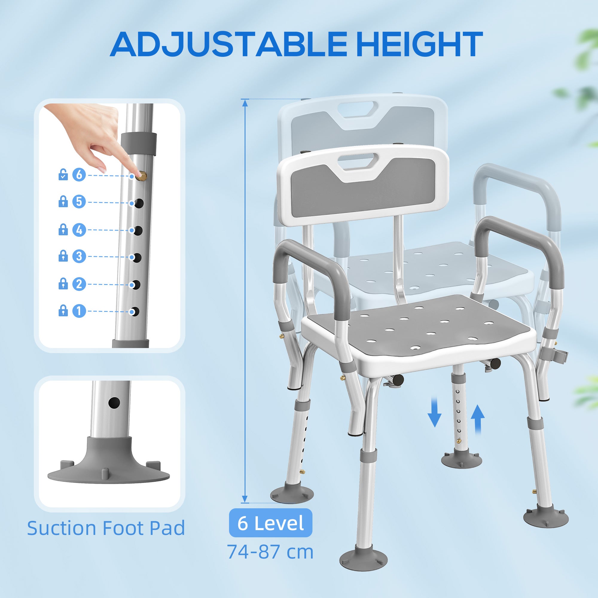 Fynco - EVA Padded Shower Chair for the Elderly and Disabled, Height Adjustable Shower Stool with Back and Arms, 4 Suction Foot Pads, Light Grey