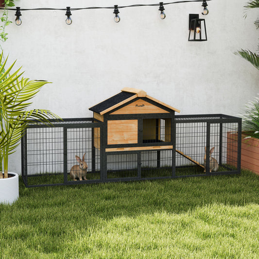 Wooden Rabbit Hutch Outdoor with Steel Run, Wooden Guinea Pig Cage with Removable Plastic Tray, Asphalt Roof, Ramp