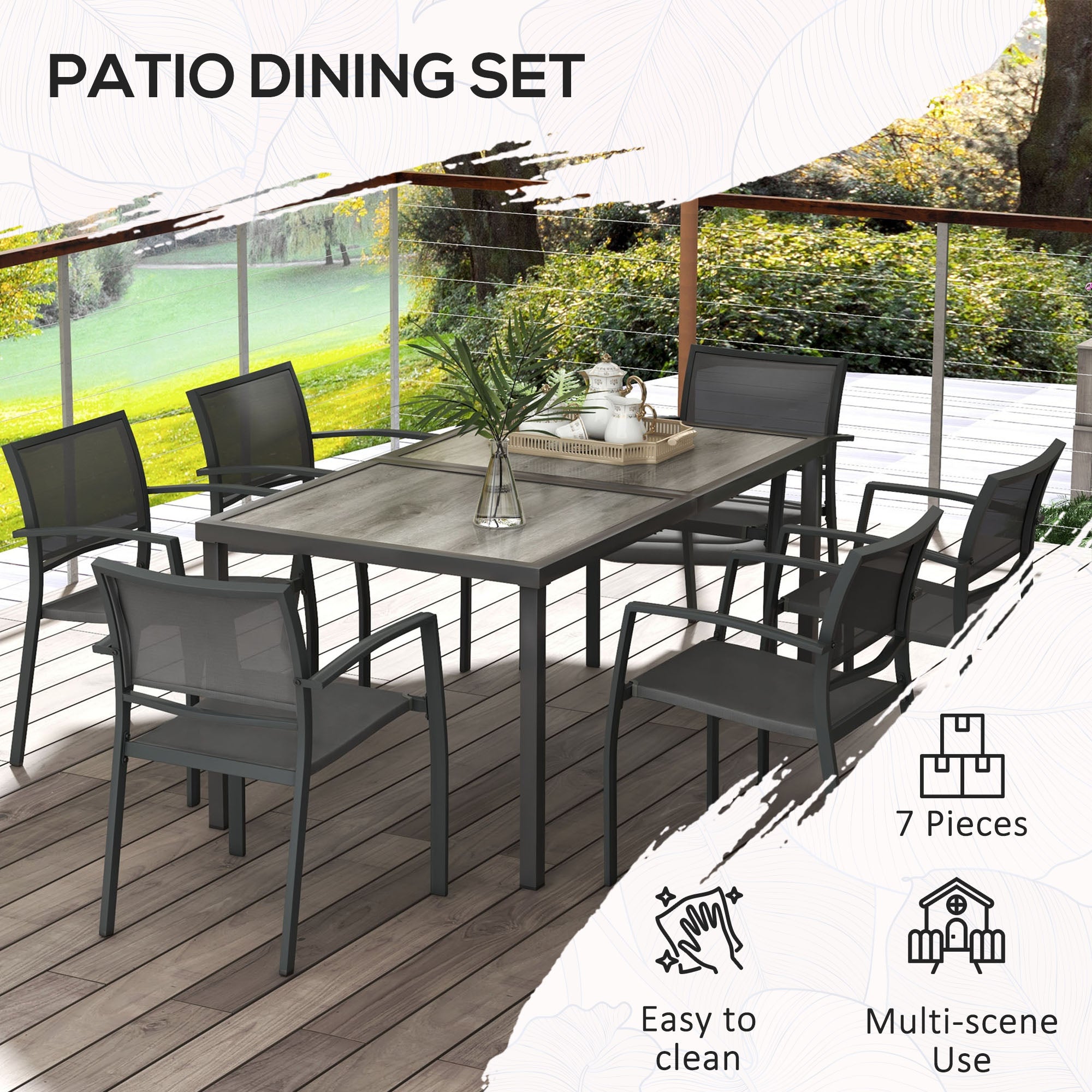 Seven-Piece Casual Outdoor Dining Set, with Wood-Effect Table - Grey