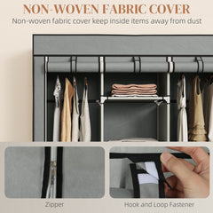 Fabric Wardrobe for Bedroom, Portable Wardrobe with 5 Shelves, 2 Hanging Rails and 3 Fabric Drawers, Foldable Closet, 125 x 43 x 162.5cm, Light Grey