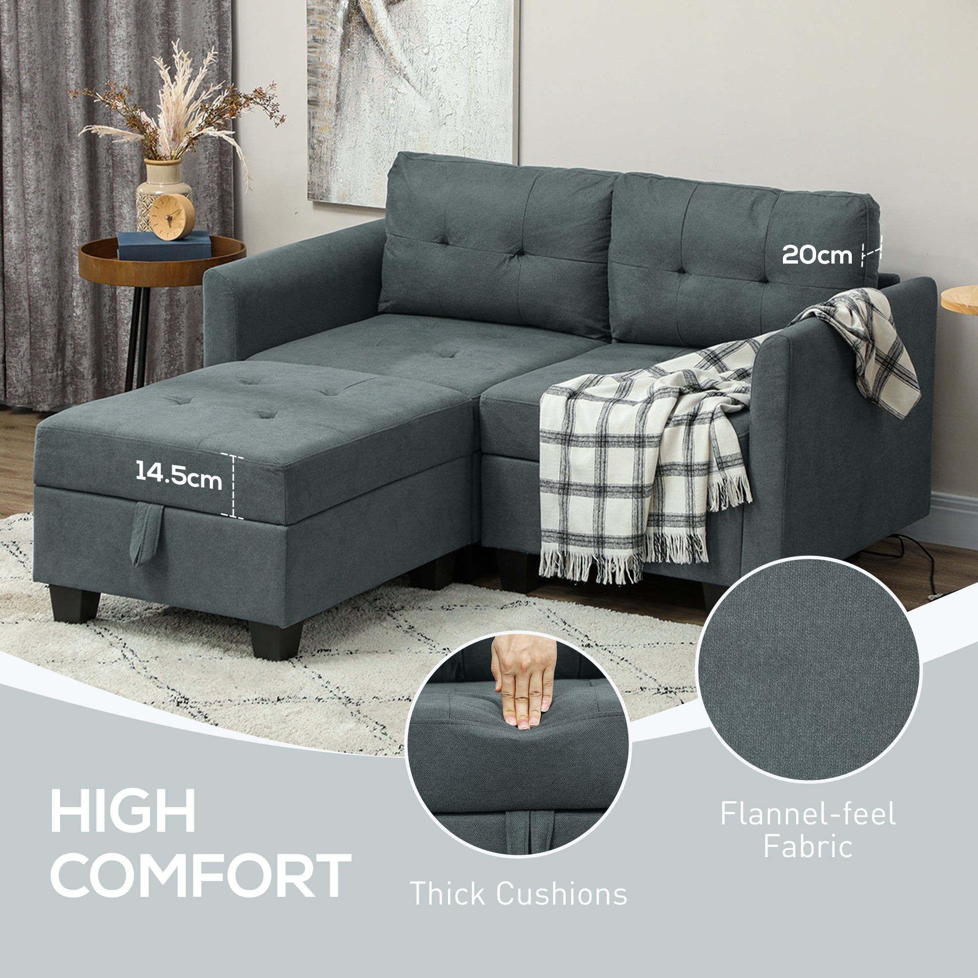L' Shape Modular Storage Sofa - Dark Grey