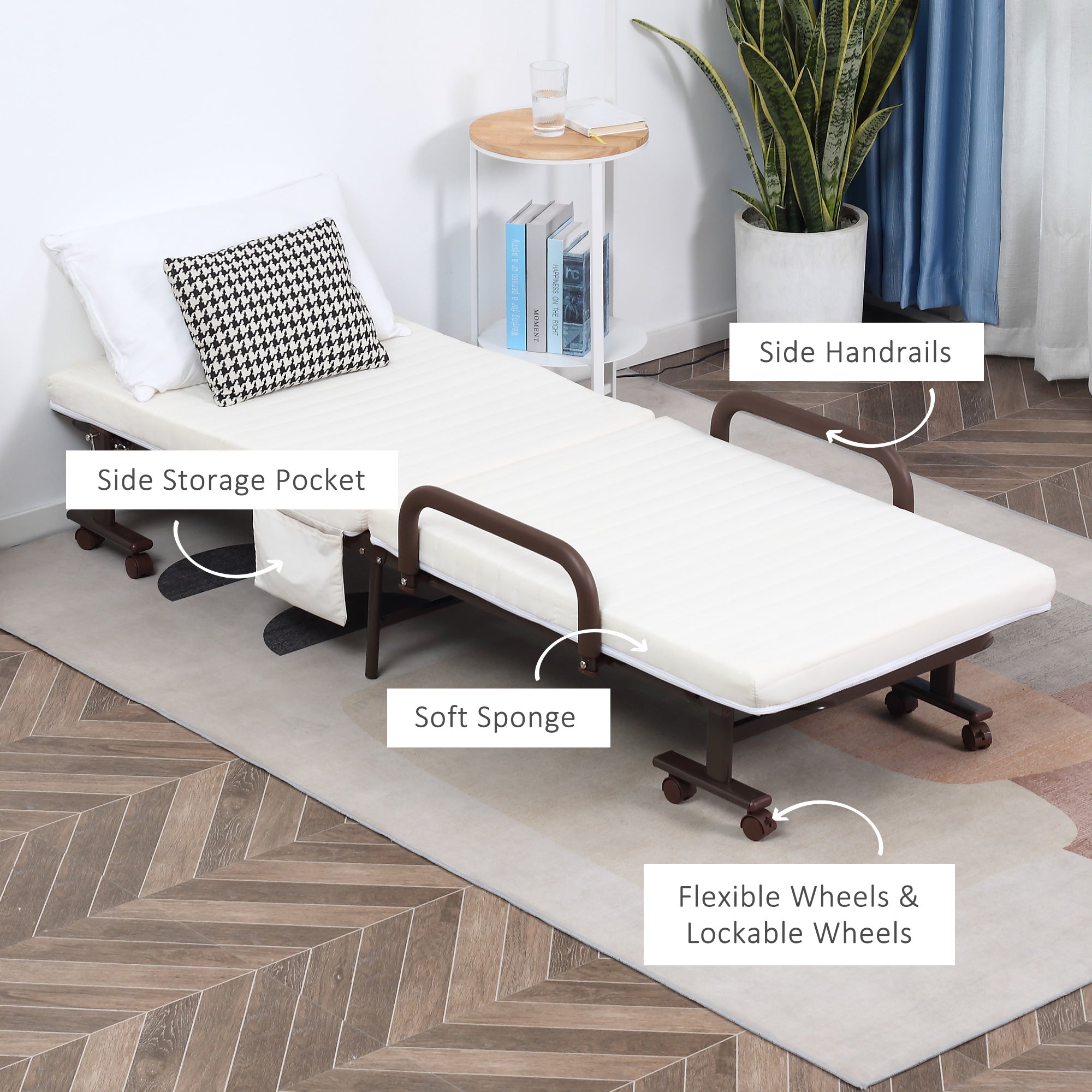 Folding Bed with Mattress, Single Guest Bed, Portable Fold Bed with Adjustable Backrest, Metal Frame on Wheels, White, 190 x 76 cm