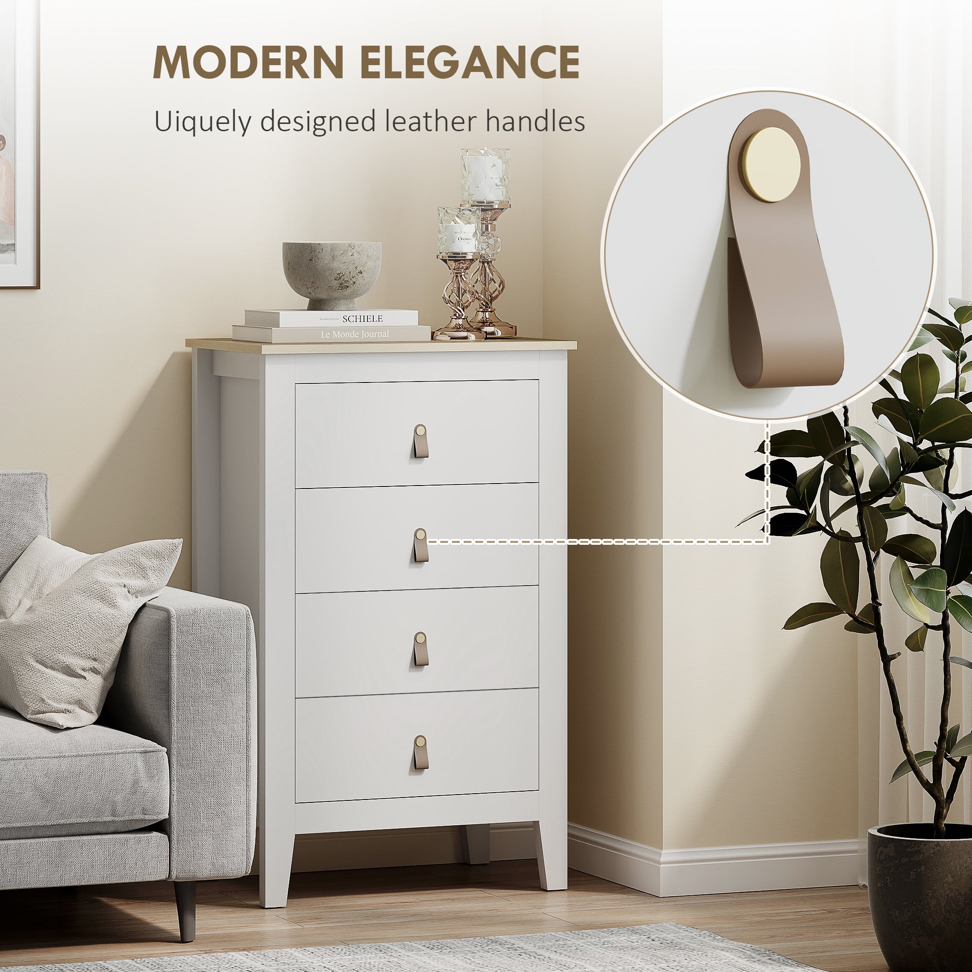 Bedroom Chest of Drawers, Modern 4 Drawer Dresser Cabinet with PU Leather Handles and Metal Runners for Living Room, Hallway, Entryway, White