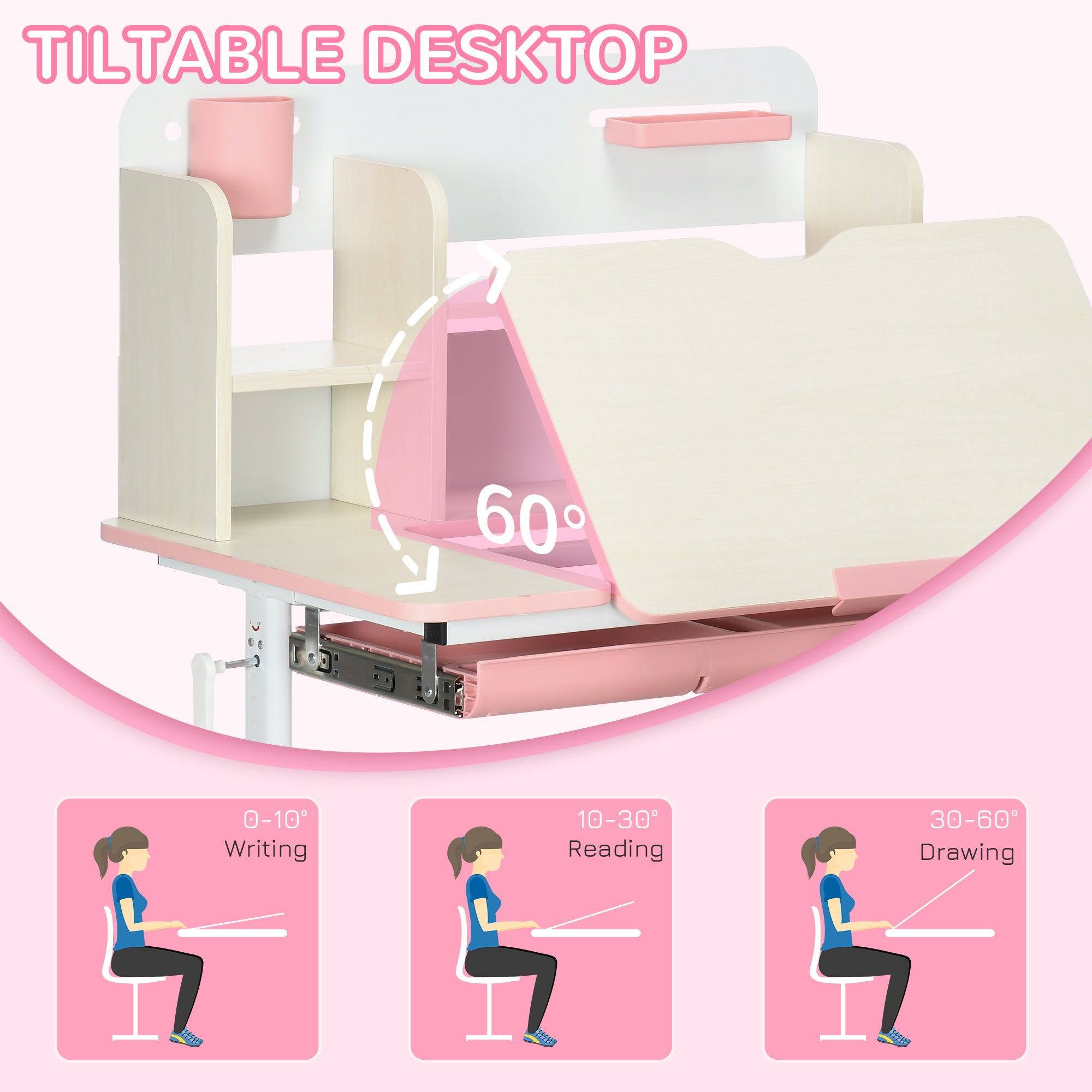 Kids Desk and Chair Set, with Storage Shelves, Washable Cover, for Ages 3-12 Years - Pink