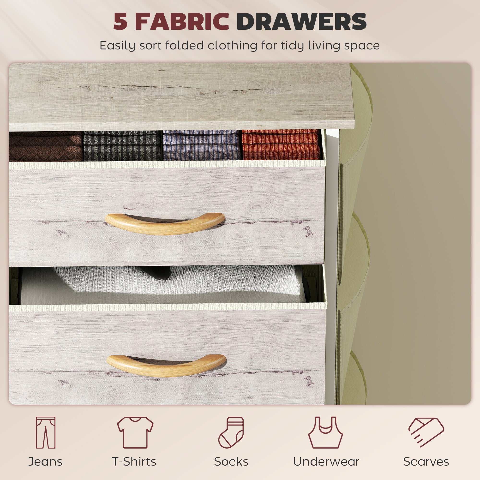 Chest of Five Fabric Drawers - Natural Wood Finish