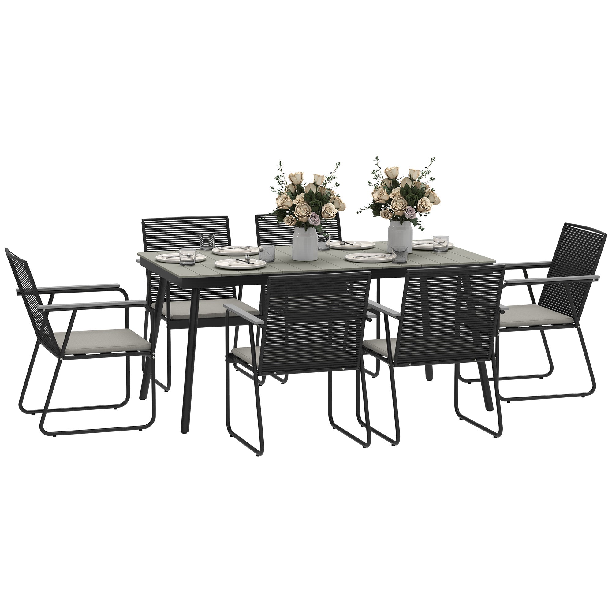 6 Seater Garden Dining Set with Soft Cushions, Rattan Backrest, Rectangular Plastic Top, Garden Furniture Set, Outdoor Dining Table and Chairs for Patio, Balcony, Poolside, Grey