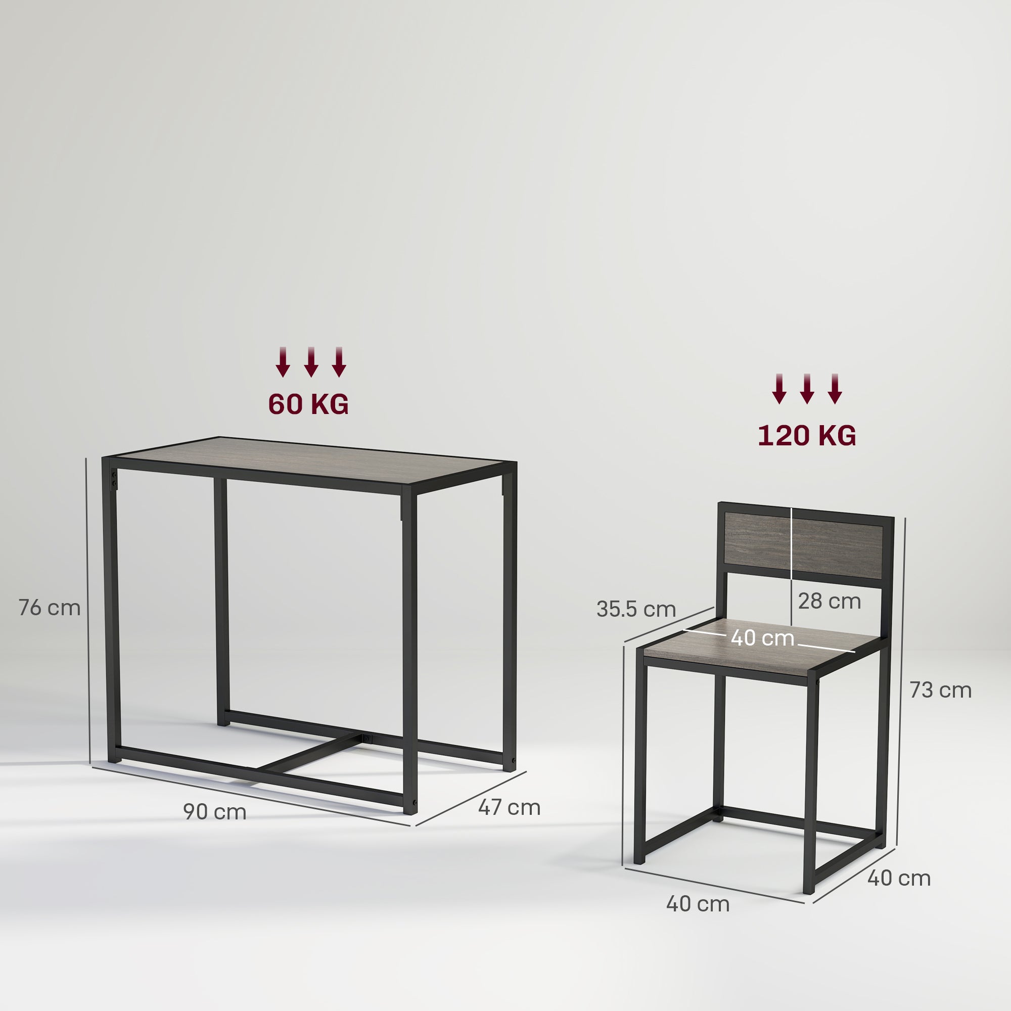 Dining Table and Chairs Set 2, Dining Room Sets, Rectangular Space Saving Table and 2 Chairs for Compact Kitchens, Steel Frame, Grey Wood-Effect