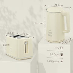 Digital Kettle and Toaster Set, 1.5L 3000W Fast Boil Kettle, 2 Slice Toaster Kitchen Set with 7 Level Browning Controls, Defrost, Reheat, Keep Warm, Crumb Tray and LED Touch Display, Beige