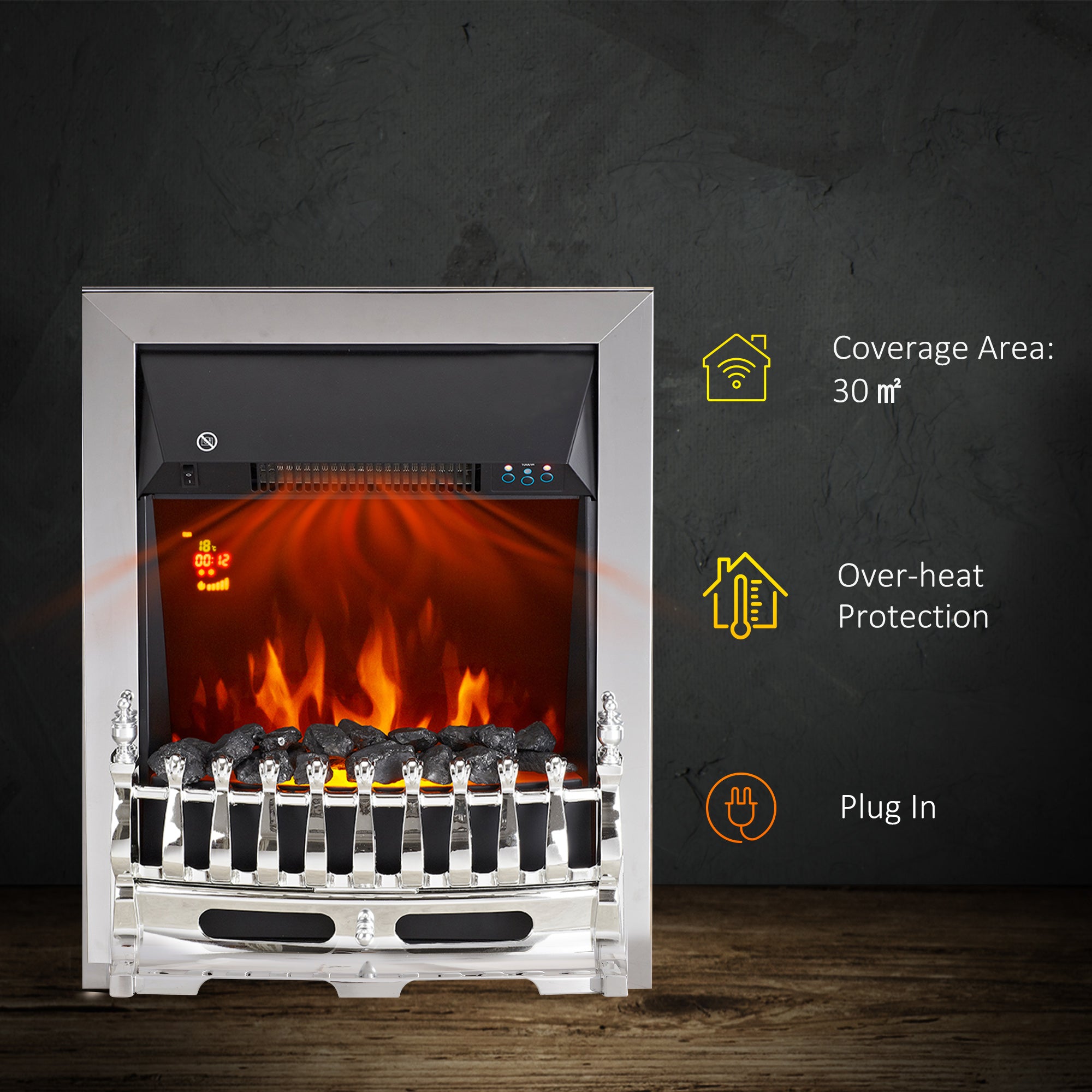 Fynco - Contemporary Electric Fireplace Coal Burning Flame Effect Inset Fire Place Space Heater Glass View LED Lighting with Remote Control, 1000W/2000W