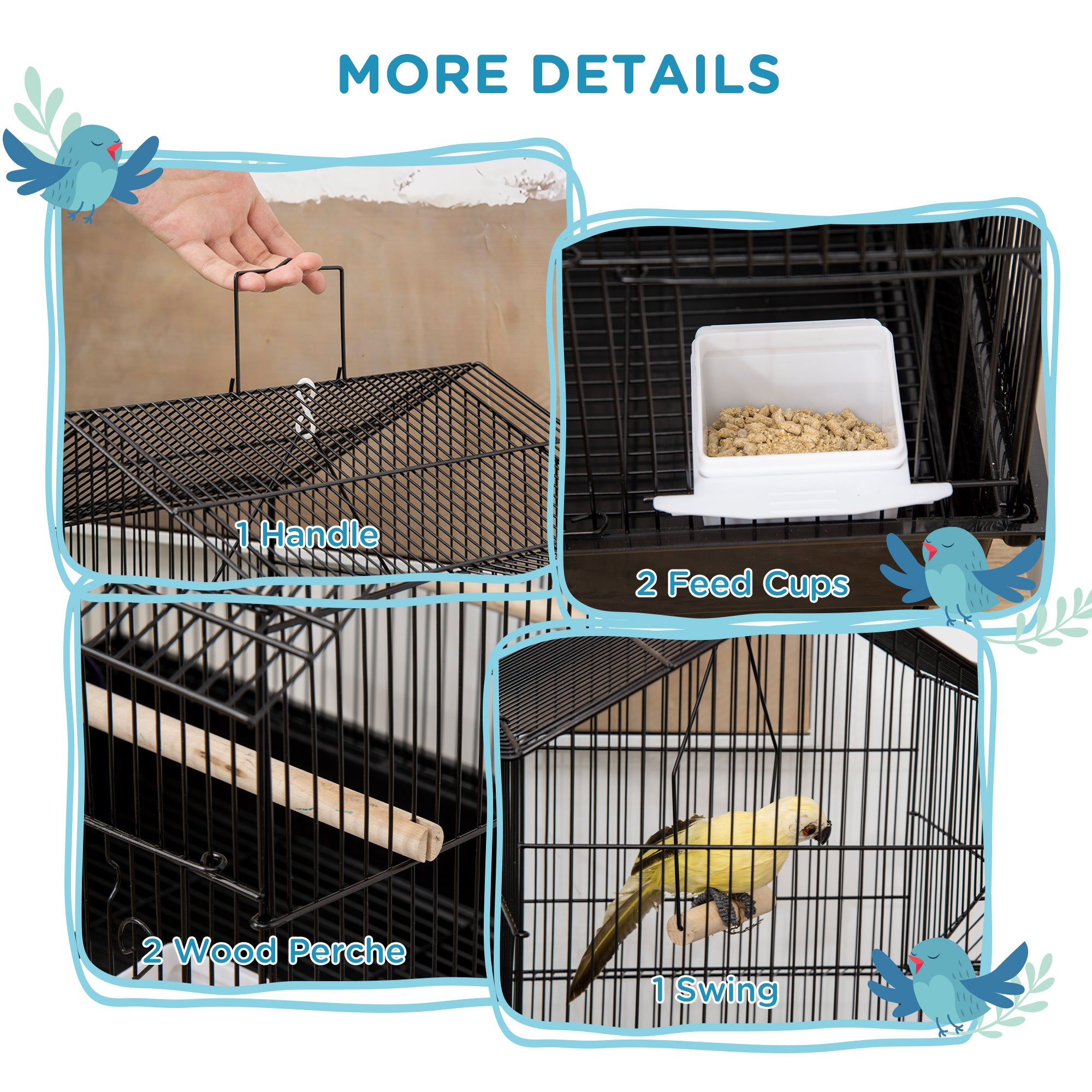Metal Bird Cage with Plastic Swing Perch Food Container Tray Handle for Finch Canary Budgie 43.5 x 33 x 63 cm, Black