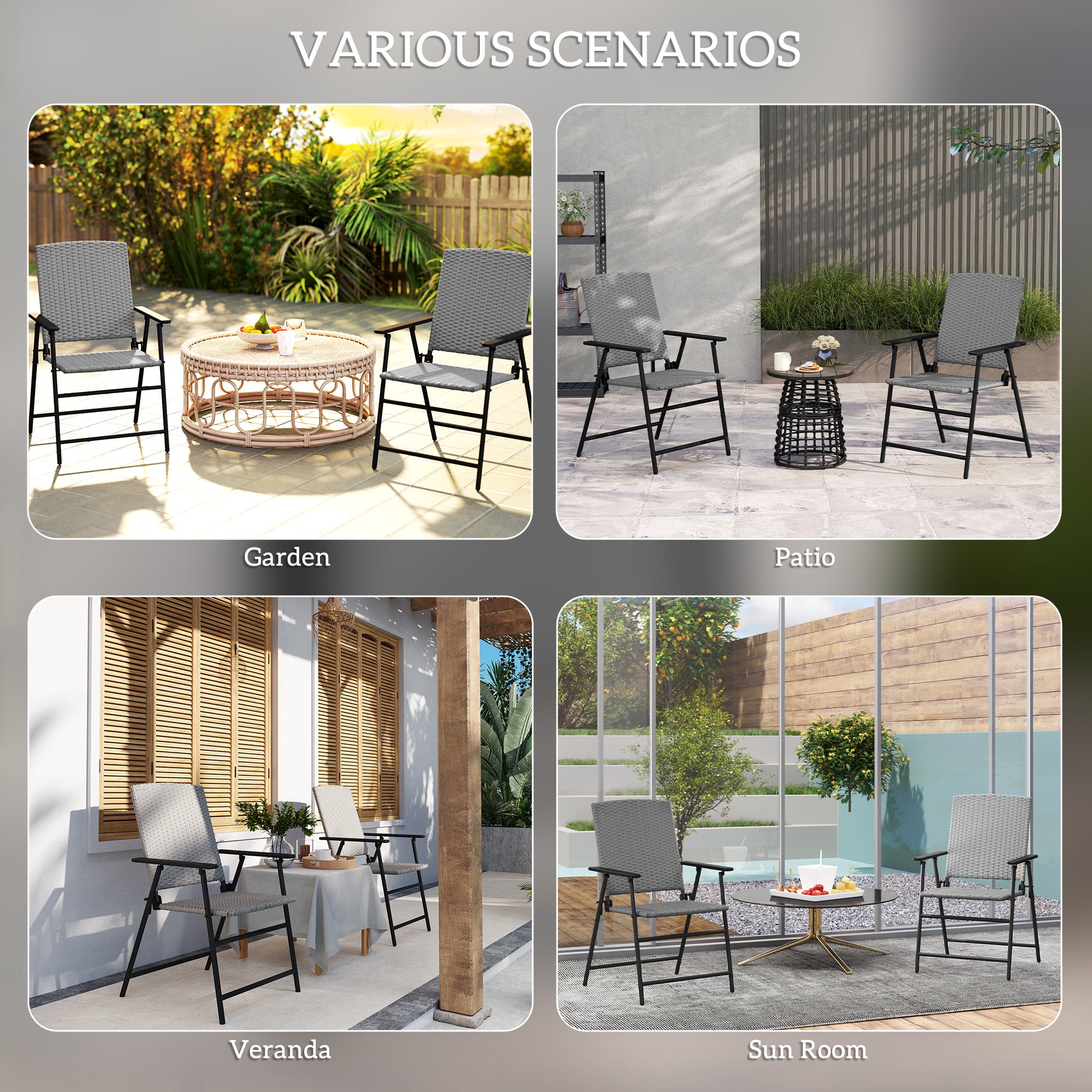 Set of Two Folding Rattan Seat Chairs - Grey