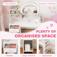 AIYAPLAY Kids Vanity Table and Chair Set, Girls Dressing Table with 2-Colour LED Mirror, Stool, Cabinet, Drawer, Shelves, White