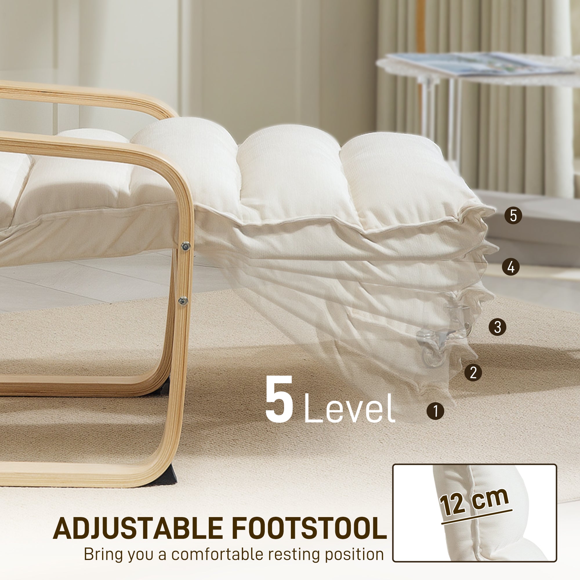 Curved Wooden Accent Chair, with Adjustable Footrest - Cream White