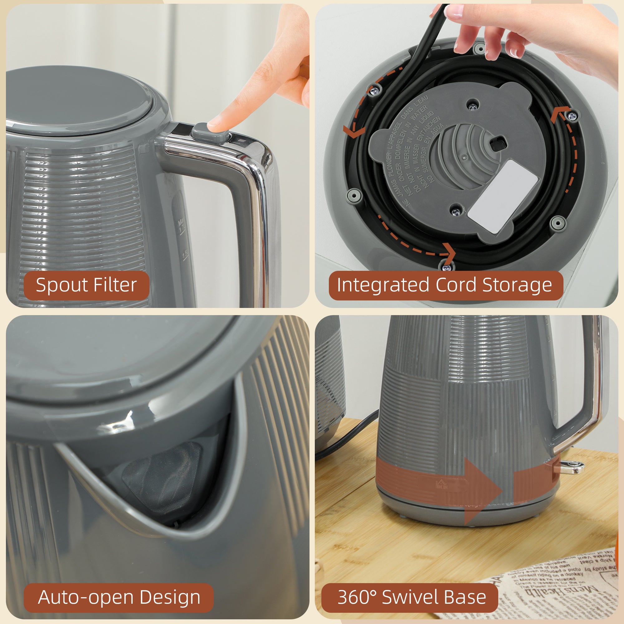 Kettle and Toaster Set, 1.7L 3000W Fast Boil Kettle & 2 Slice Toaster Kitchen Set with 7 Level Browning Controls, Defrost, Reheat, Boil-dry Protection, Grey