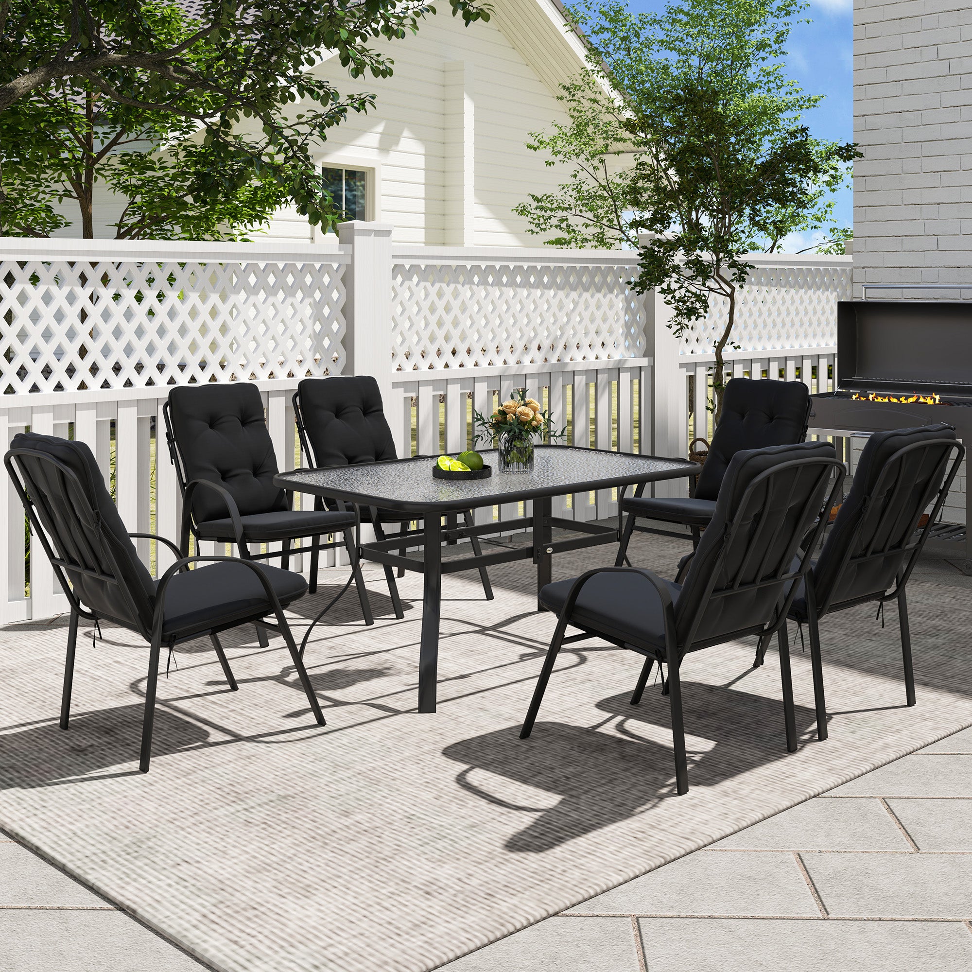 Seven-Piece Garden Dining Set with Cushions - Black