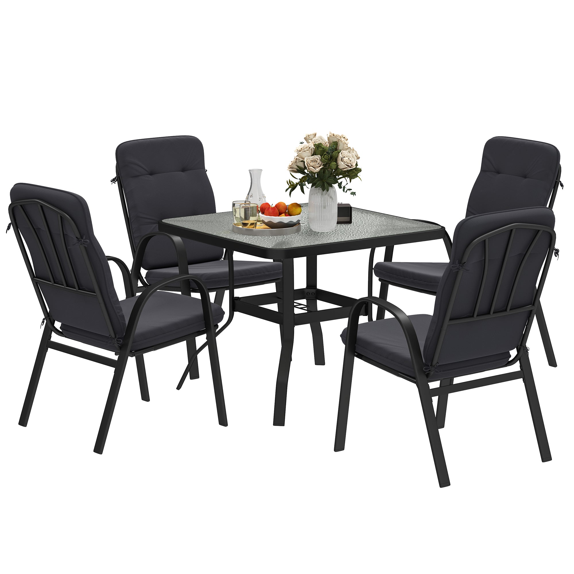 5 Pieces Outdoor Square Garden Dining Set w/ Tempered Glass Dining Table 4 Cushioned Armchairs, Umbrella Hole, Black