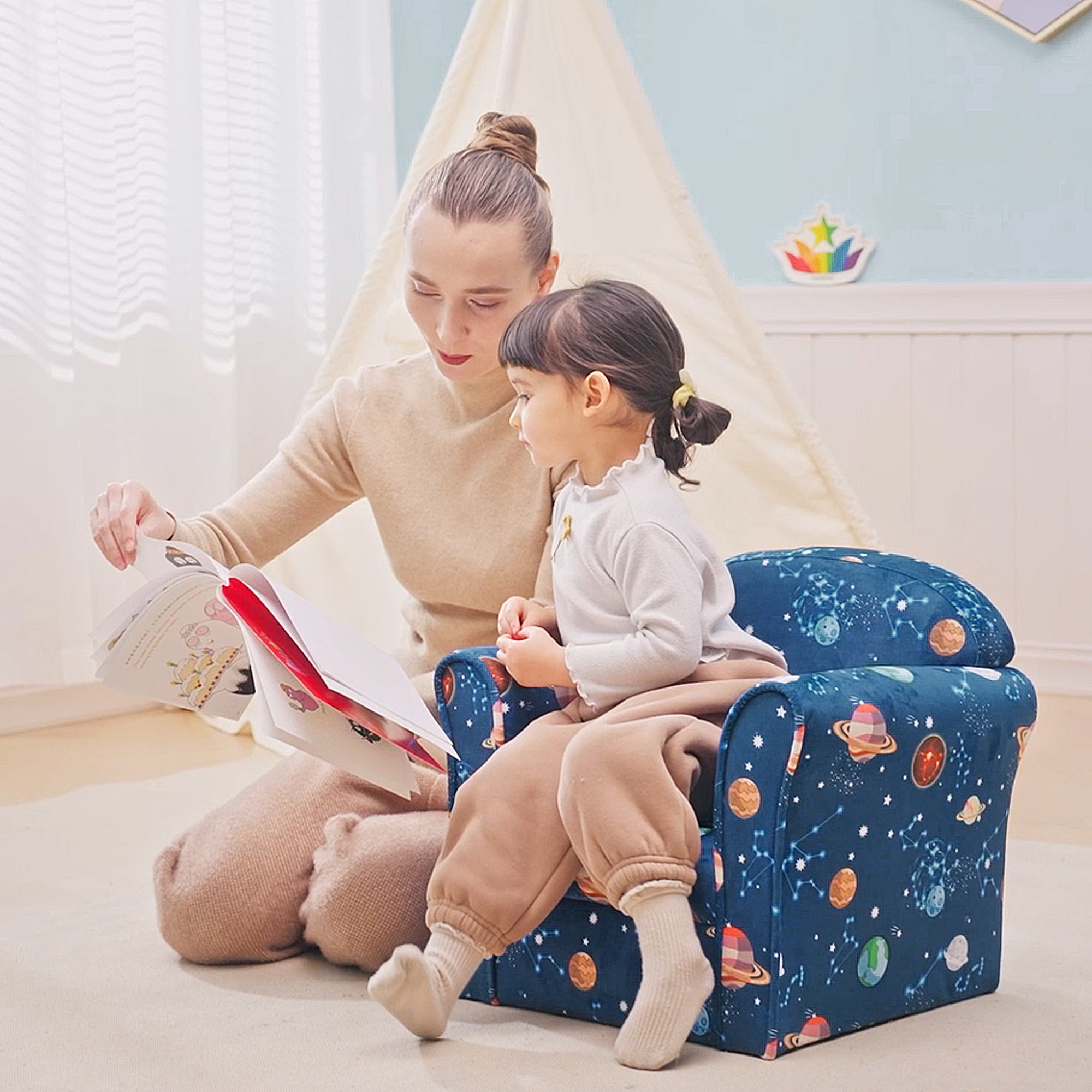 Kids Planet-Themed Armchair, with Non-Slip Feet, Wooden Frame - Blue