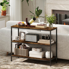 3-Tier Console Table with Storage Shelves - Rustic Brown