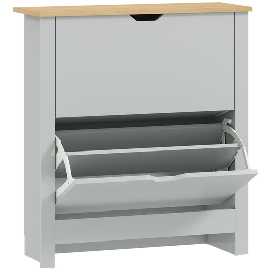 Fynco - Slim Shoe Cabinet, Narrow Shoe Cupboard with 2 Flip Drawers, Adjustable Shelves for 12 Pairs of Shoes, Light Grey