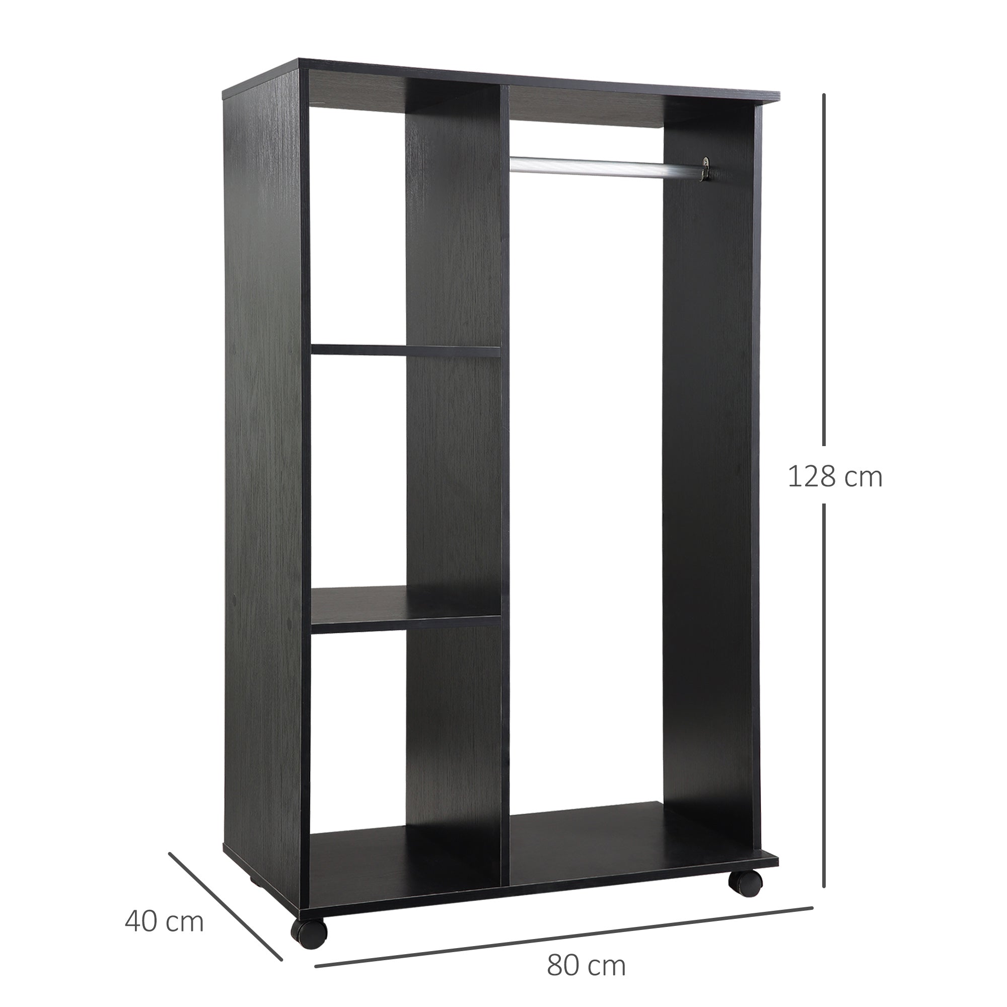 Open Wardrobe on Wheels, Bedroom Wardrobe with Clothes Hanging Rail, 3 Storage Shelves, Mobile Garment Rack for Cloakroom, Hallway, Black