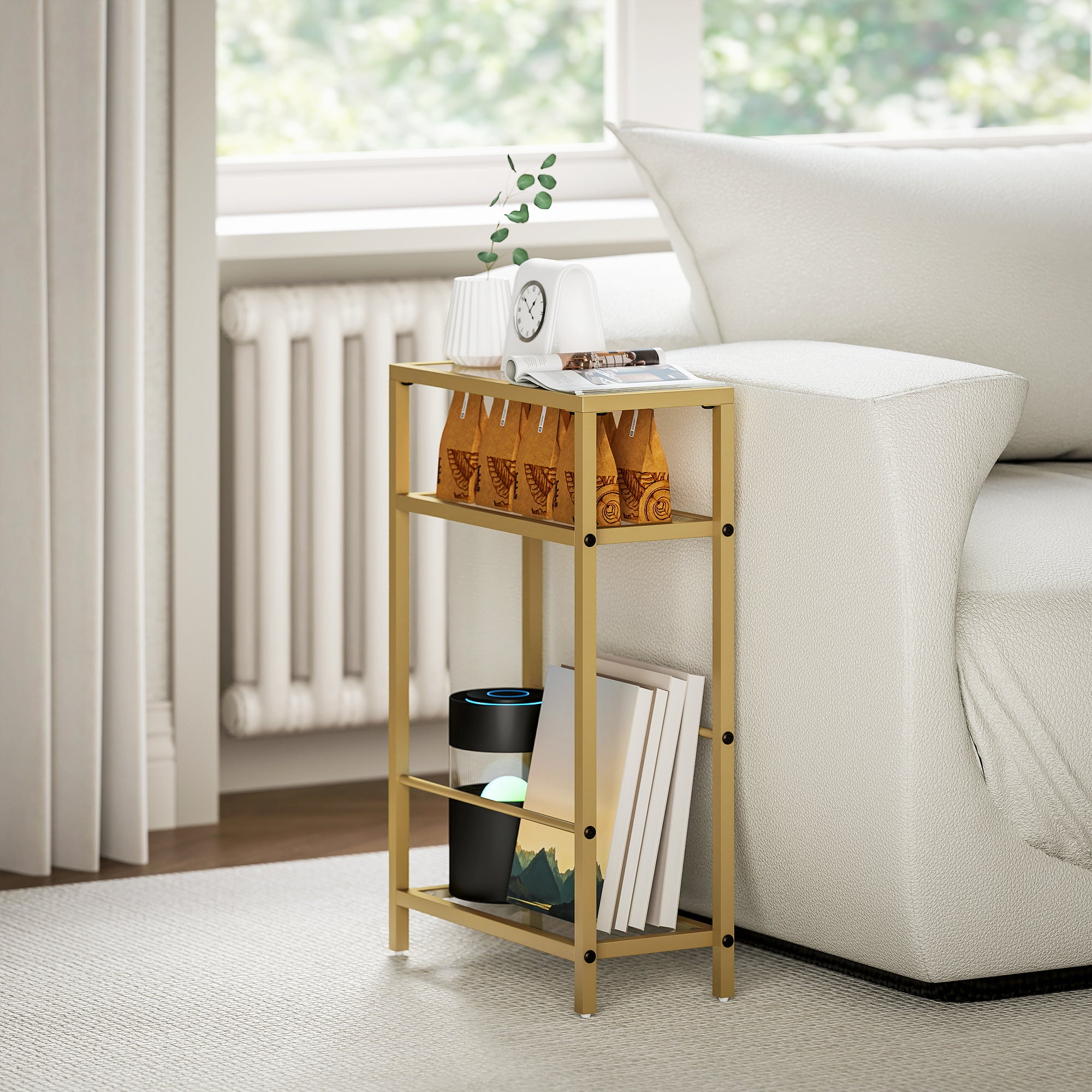 3-Tier Side Table, Narrow End Table with Storage Shelf and Tempered Glass Tabletop for Small Spaces, Bedroom, Living Room, Entryway, Gold Tone
