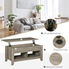 Lift Top Coffee Table w/ Hidden Storage Compartment Open Shelves Lift Tabletop Pop Up Centre Table for Living Room Oak Effect