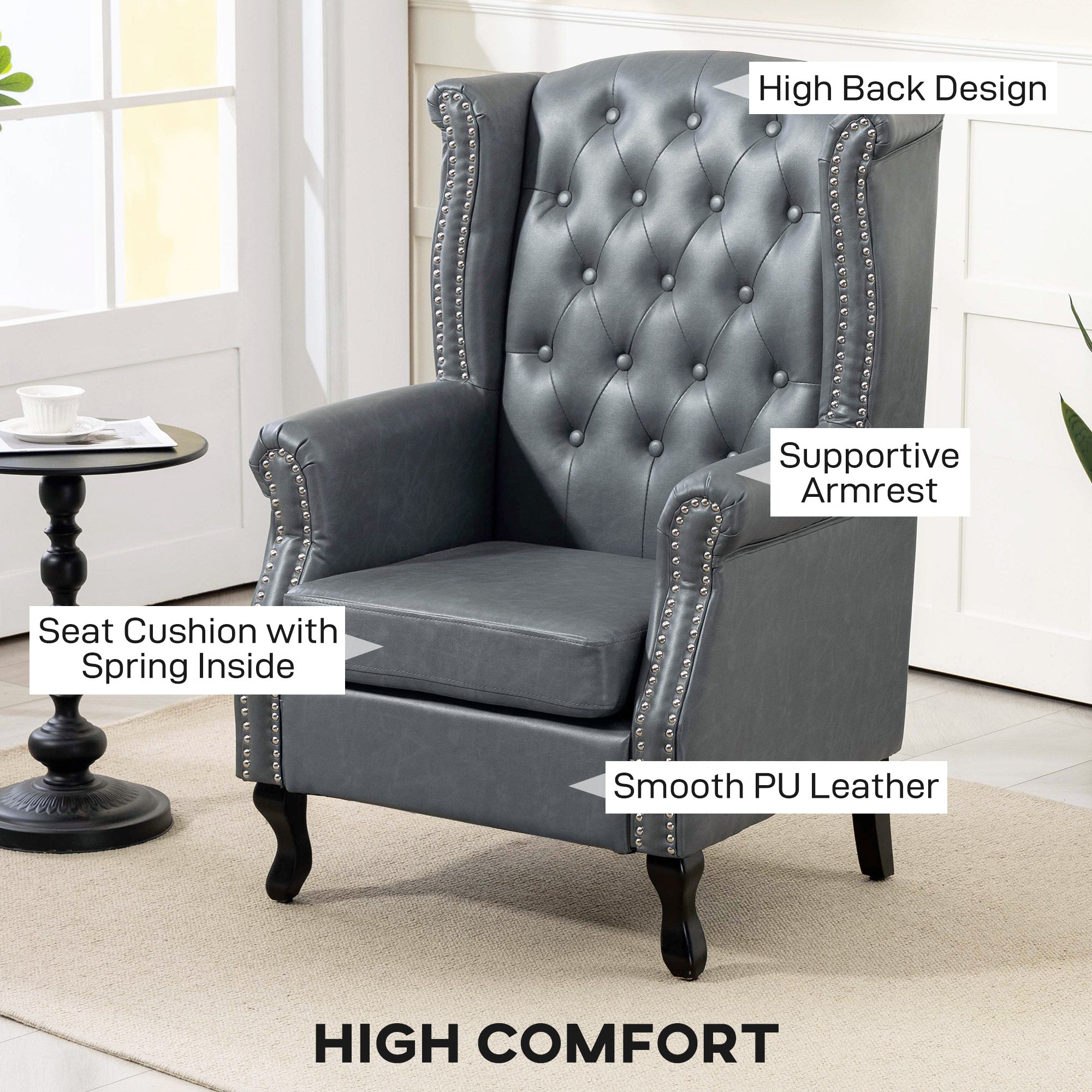 Fynco - Wingback Accent Chair Tufted Chesterfield-style Armchair with Nail Head Trim for Living Room Bedroom Grey