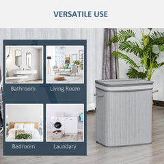 100L Natural Wood Laundry Basket A Compartment w/Flip Lid Removable Lining Handles Board Base Foldable Durable Water-Resistant Dirty Clothes Storage Home Organisation Grey