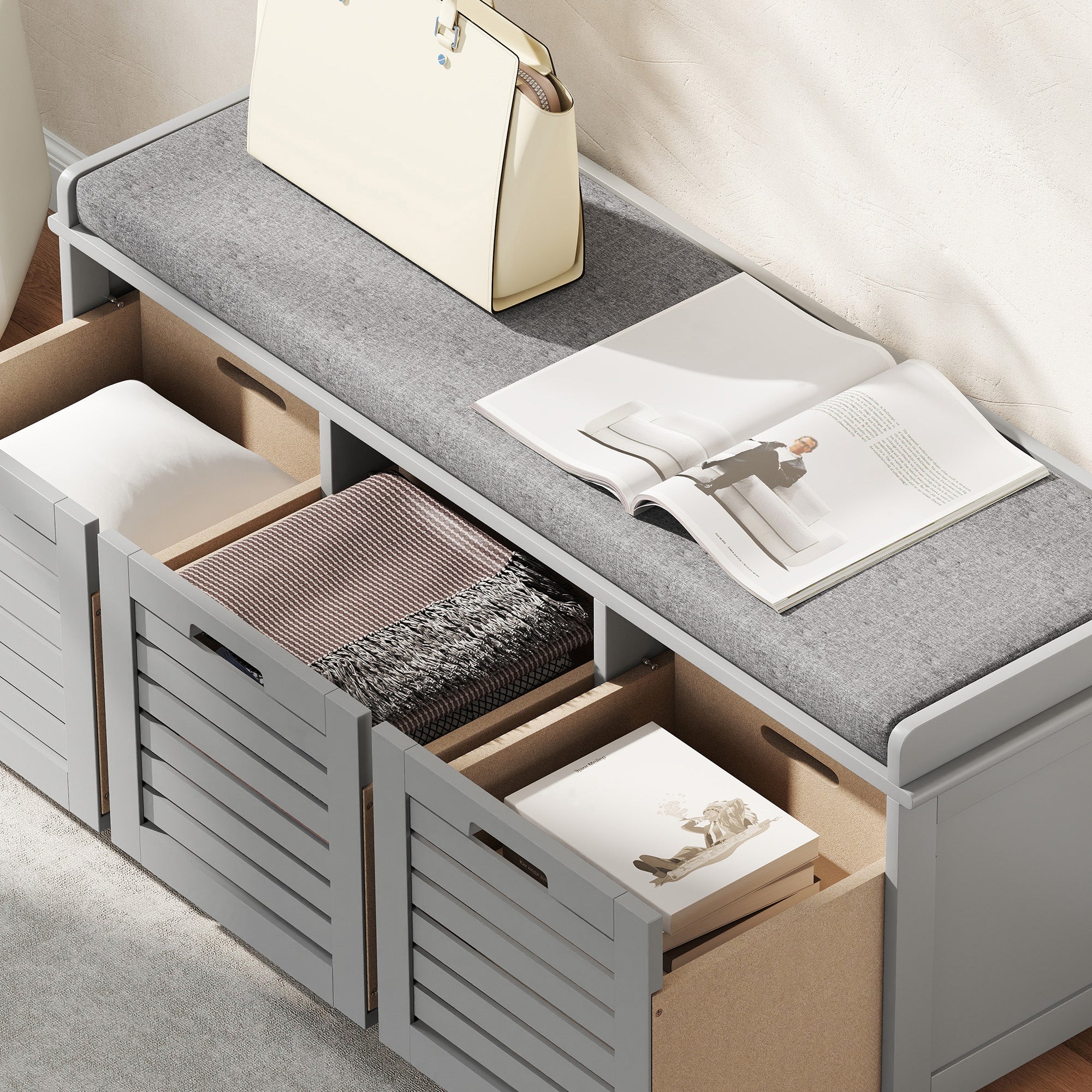Fynco - 3-Drawer Shoe Storage Bench - Grey