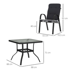 5 Pieces Outdoor Square Garden Dining Set w/ Tempered Glass Dining Table 4 Cushioned Armchairs, Umbrella Hole, Black
