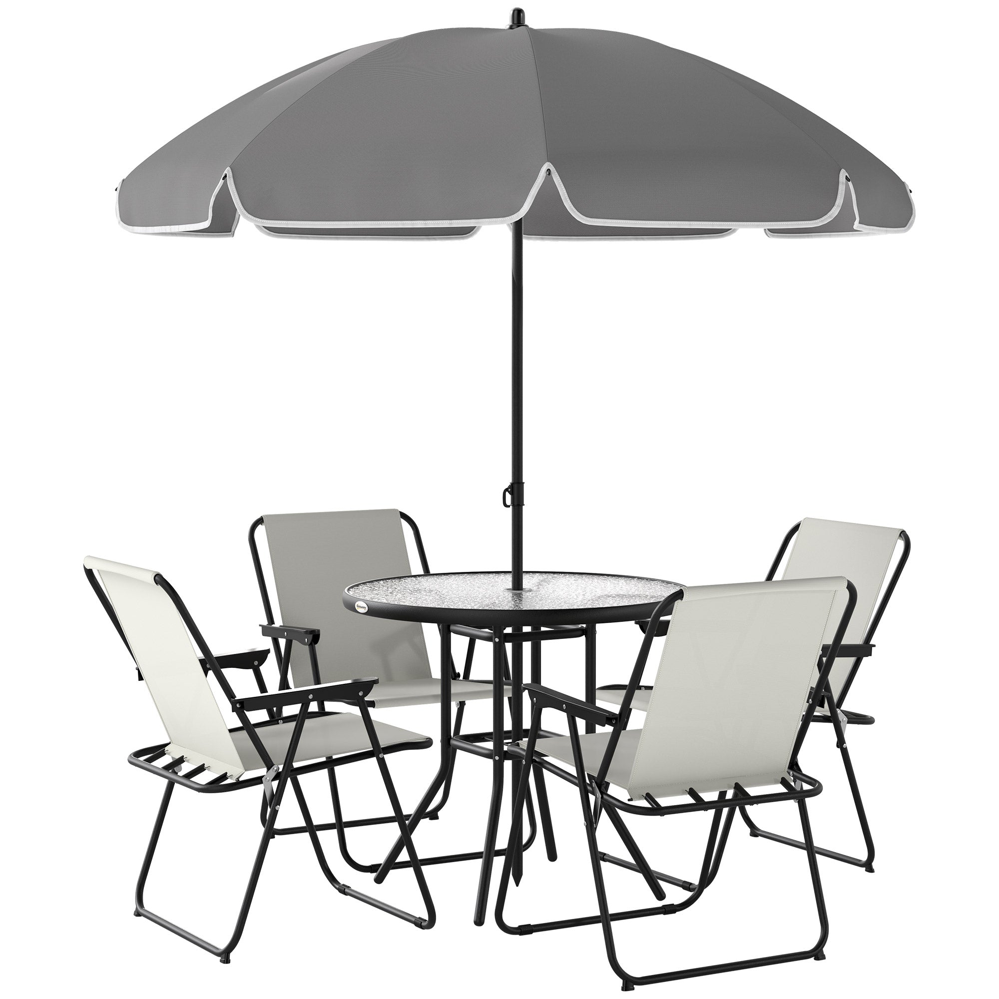 4 Seater Garden Furniture Set, 6 Pieces Garden Table and Chairs with Parasol, Outdoor Garden Dining Set with Folding Chairs and Round Glass Top Table for Patio, Cream White