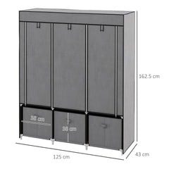 Fabric Wardrobe for Bedroom, Portable Wardrobe with 5 Shelves, 2 Hanging Rails and 3 Fabric Drawers, Foldable Closet, 125 x 43 x 162.5cm, Dark Grey