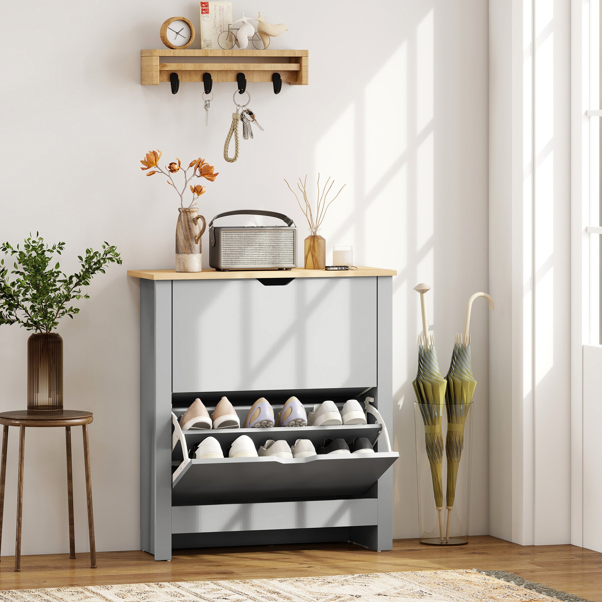 Fynco - Slim Shoe Cabinet, Narrow Shoe Cupboard with 2 Flip Drawers, Adjustable Shelves for 12 Pairs of Shoes, Light Grey