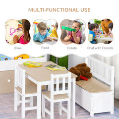 4-Piece Kids Table and Chair Set with 2 Wooden Chairs, 1 Storage Bench, and Interesting Modern Design, Beige/White