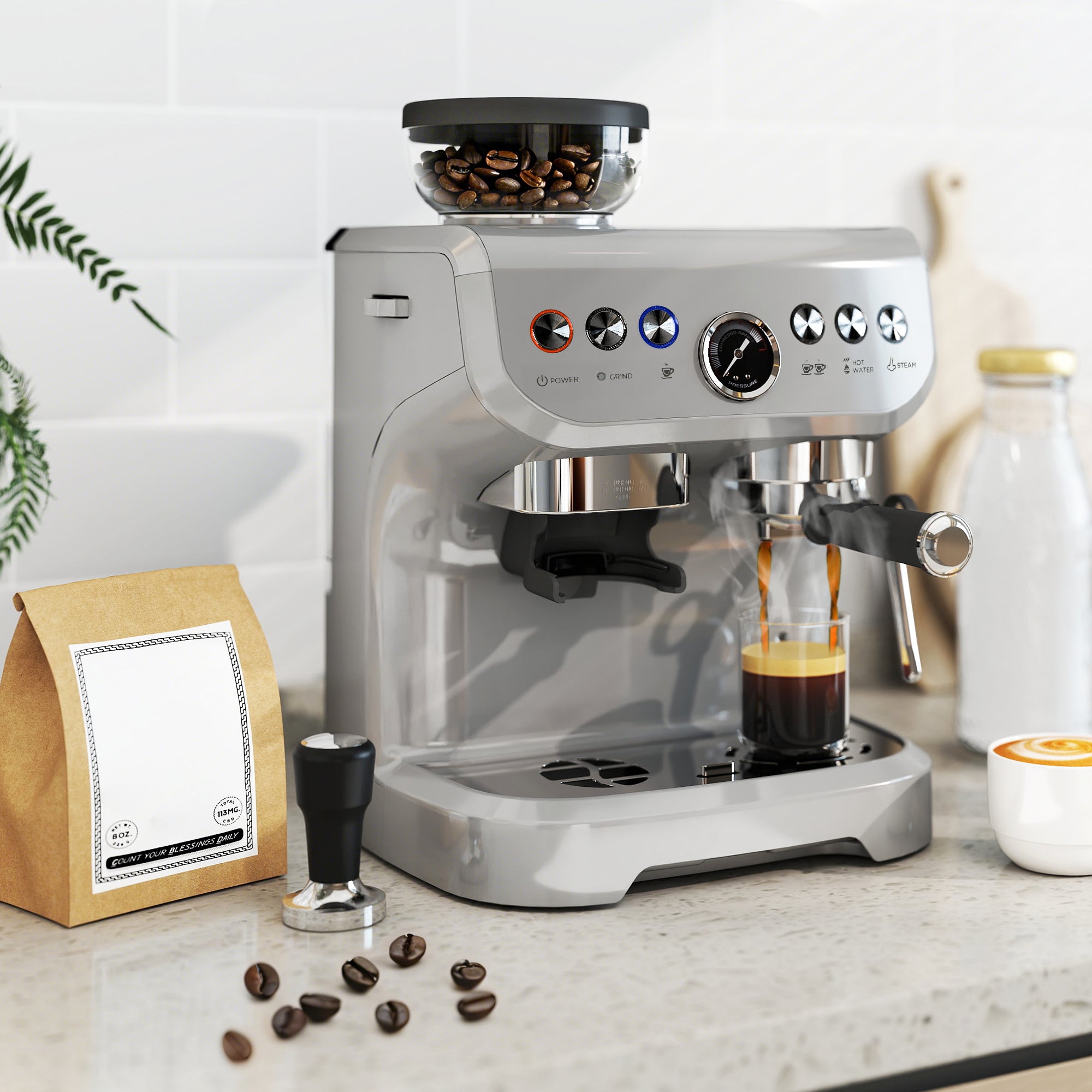 15 Bar Coffee Machine, with Adjustable Grind, Steamer and Accessories - Silver Colour